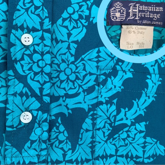 VTG Hawaiian Heritage Allan James Teal Blue Aloha Print Button up Shirt - Picture 2 of 4